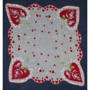  Vintage Ladies Handkerchief Red Roses Hearts And Cupids l 