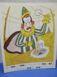 vtg Childs Illustrated Clown Word Vowels Phonics Card  