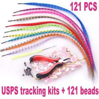 121 pcs GRIZZLY Synthetic Feather Hair Extension free kit & beads free 