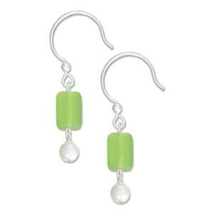   Fresh Water Pearl and Sea Kelp Green Frosted Glass Earrings Jewelry