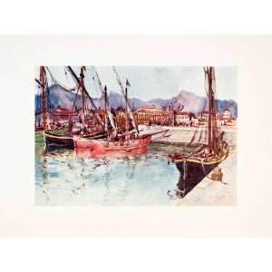  1905 Color Print Goff Sailboat Harbor Viareggio Tuscany 