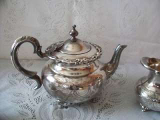 Vintage Silver Plate Victorian Style Tea Pot Sugar & Creamer  
