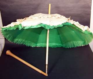   Victorian Civil War Era Green Ecru Raw Silk Folding Parasol  