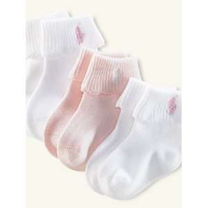 Ralph Lauren Polo Pony Baby Girl 3 Pair Pink White Socks, Size 18   24 