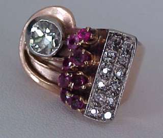 1930 40s Rose Gold 3/4 carat Mine Cut Diamond Ruby accent Estate 