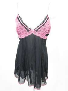 BETSEY JOHNSON INTIMATES Blk Pink Lace Trim Negligee L  
