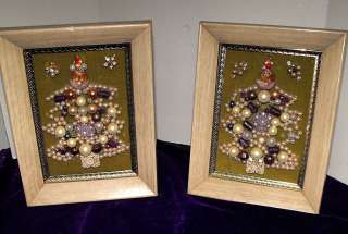 VINTAGE COSTUME JEWELRY FRAMED CHRISTMAS TREE PICTURES TWO OF THEM 