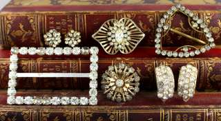 Antique Rhinestone Strass Jewelry Pins Buckle Earrings  