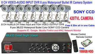 8CH H.264 NET DVR 8 PCS SONY CCD CCTV Camera System 1TB Mibile Phone 