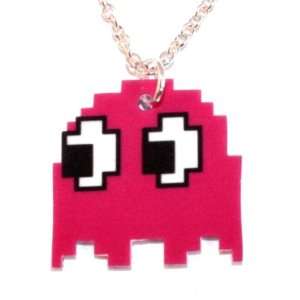 Sour Cherry Silver plated base PacMan Pink Ghost Necklace (18 inch 