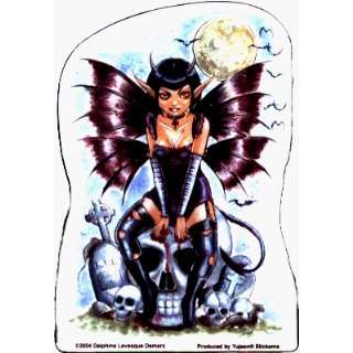  Goth Devil Fairy Sitting on Skull Wearing Corset, with Moon & Bats 