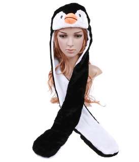 Cartoon Animal Penguin Plush Warm Cap Hat Earmuff Scarf Gloves Black 