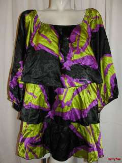BFS01~NEW ASHLEY STEWART Purple Lime Tiered 3/4 Sleeve Blouse Top Plus 