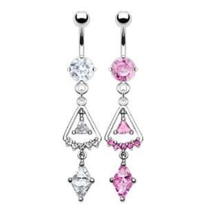    Belly ring with dangling jewled triangle CZs, pink Jewelry