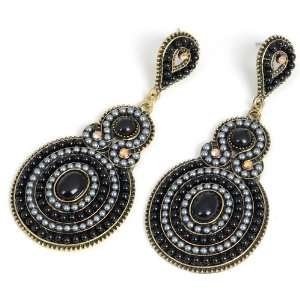 Vintage Golden Black & Grey Beads Adorned Shield Shape Dangle Earrings
