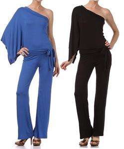   ONE SHOULDER KIMONO JUMPSUIT Flyaway Sleeve Attached Sash Sexy S M L
