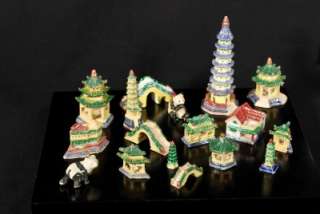 17 Chinese Clay Miniature Bears Pagodas Bridges Homes  