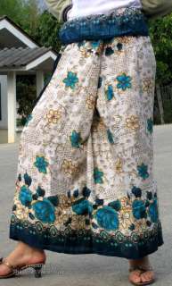 Cream Blue Belt Flowers on Thai Rayon Fisherman Pants  