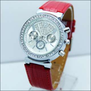 Diamond Crystal Luxury Lady Women Leather Watch Red  
