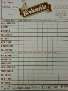 1950s Columbia Beer Baseball Team Schedule Calender Vintage Brooklyn 