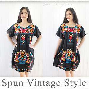 Vtg style Mexican Embroidered Dress Tunic Top BLACK rsl  