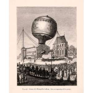  1876 Wood Engraving Montgolfier Balloon Crowd Paris 18th 
