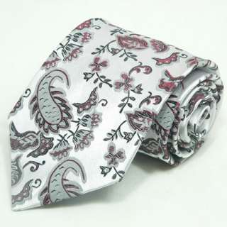   74K Silver Red Black Floral Mens Silk Tie Set Tie+Hanky &Plastic Hook