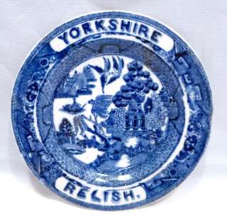   pottery blue willow advertising cup plate for yorkshire relish the 4 3