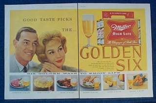 1959 2 PG Ad Miller High Life Beer ~ 6 Pack & Cans  