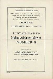LIST MANUAL EARLY 1900s MOLINE ADRIANCE MOWER No 8 MOLINE PLOW COMPANY 