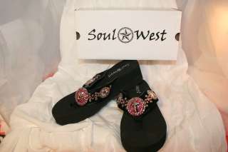 Soul West Cowhide Hair Flip Flops Black Pink Cross Rhinestone Bling 10 