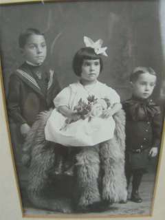 Vintage B&W Framed Photo 2 Boys in Uniform 1 Girl Dress  