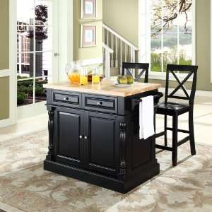 Butcher Block Top Kitchen Island in Black Finish with 24 Black X Back 