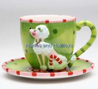 Ruby White POODLE Dog Green Coffee Tea Cup & Saucer Teacup Set 