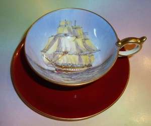 Signed Tall Ship Painted Aynsley Tea Cup and Saucer Set  