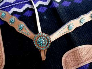 Horse Western Leather Breast collar Chest Strap Turquoise Aqua Bling 