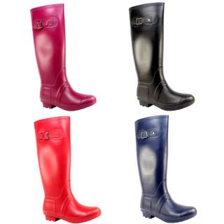 WOMENS TALL KNEE HIGH SIDE BUCKLE CLASSIC RUBBER WELLINGTON BOOTS 