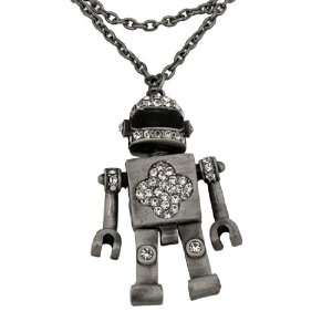    Matte Finish Metal Rhinestone Robot Necklace 30 Inch Jewelry