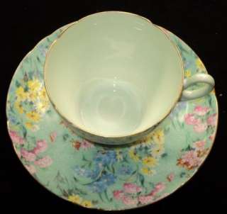 Shelley MELODY CHINTZ GREEN HANDLE Tea cup and saucer  
