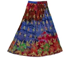   Red Blue Floral Print Full Ankle Length Boho Sequin Ladies Long Skirt