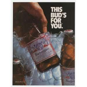  1985 This Buds For You Budweiser Beer Ice Bottles Print 