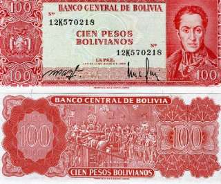 BOLIVIA 100 Pesos Bolivianos 1962 P 164 UNC RARE  