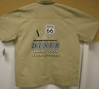 50s Retro style Button up Bowling shirt CAMEL /TAUPE w/Route 66 Diner 