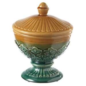 Casa Cristina Ceramic Pedestal Bowl w/Lid Gold & Green 738449294635 