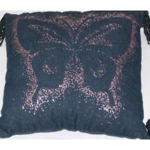 Denim Throw Pillow with Glittery Pink Butterfly Decorative Accent Toss 