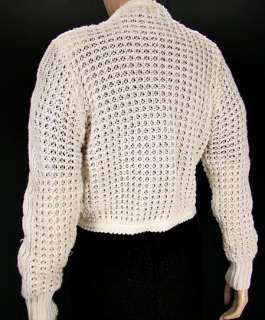 VTG 70s Short Cropped Chunky Cable Cardigan White Sweater S/M  