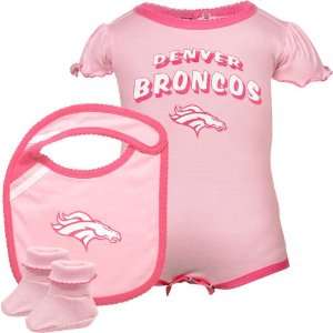   Broncos Infant Girls Pink Creeper, Bib & Bootie Set