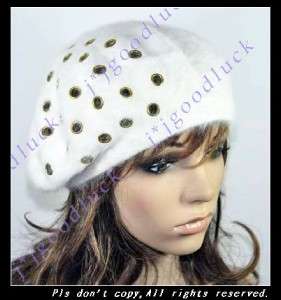 Stylish Holes 100% Rabbit Fur Beanie Beret Hat White  