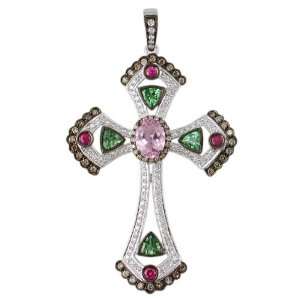   , Tsavorite, Pink Sapphire & Diamond Cross Pendant w/ Black Rhodium