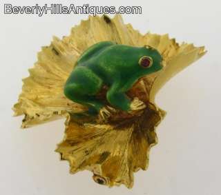 Beautiful Enamel 14k Frog On Lily Pad Brooch  